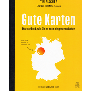 Tin Fischer. Hamburg 2020, ISBN 978-3-455-00882-1, €25,00
Bücher wie diese, hat es schon häufiger gegeben. Es geht nur in einigen Fällen um Karten im engeren Sinne, die meisten gebotenen Darstellungen sind Kartogramme. Es gibt einfache Verteilungskarten (der Ortsnamensendungen oder idiomatischer Ausdrücke, der Kartoffel- oder Weintraubenproduktion oder der Tennisplätze und Swimmingpools), kartenbezogene Darstellungen „unnützen“ Wissens (die Sprachgrenze von „schiena“ und „kina“ für China; in Sachsen-Anhalt werden am meisten Sexstellungen gegoogelt; die Höhe des Hermannsdenkmals im Vergleich zu anderen Denkmälern weltweit), bekannte Kartenverformungen wie die Sicht der Münchner auf Deutschland, sinnfreie Größenvergleiche zwischen der Größe des Spaßbades Tropical Islands in Brandenburg und dem Vatikan oder der Mitgliederzahl der katholischen Kirche und des ADAC. Es gibt aber durchaus witzig-interessante und wissenschaftlich interessante Fragestellungen (Wo liegt Schwaben; Größenvergleich zwischen Deutschland und ähnlich großen Ländern weltweit; ungleiche Verteilungen der Menschen, Schweine und Kühe in Deutschland; bevorzugte Zielgebiete deutscher Auswanderer; regionale Spezialitäten; Laufentfernung zu Basiseinrichtungen wie Apotheke, Grundschule, Bushaltestelle oder Supermarkt; die Unterrepräsentanz Deutschlands in Google Street View im europäischen Vergleich; die Drogenbelastung der Abwässer). Das Kartendesign ist ansprechend, mäßig generalisierend und farblich wohltuend zurückgenommen. In etlichen Fällen hätte man sich aber mehr Text gewünscht, einerseits dann, wenn es der Kartographie nicht ganz gelingt, die Aussage zu transportieren, und anderseits, wenn sie genau dies tut und weitere Fragen aufwirft.